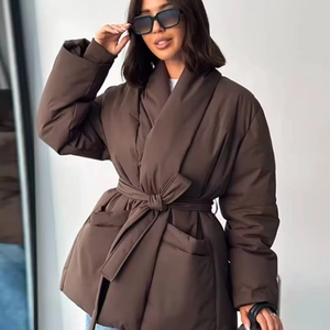 Women's warm dark brown padded jacket with stylish waist tie and matte finish