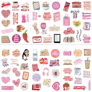 Flat lay of diverse pink Bookish theme stickers with Hot Girls Read Books quotes