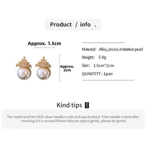 Macro shot of crown earrings featuring white pearls and zircon accents on S925 silver pins