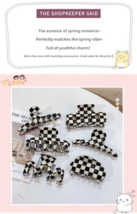 Detail view of 6 distinct checkerboard hair claw clips in various geometric shapes
