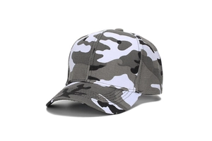 Detailed side view of camouflage baseball cap showing twill fabric and ventilation eyelets