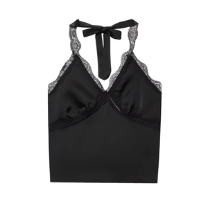 Elegant black satin halter top with delicate lace trim shown in flat lay position