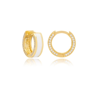 Gold-plated S925 silver C-shape hoop earrings with white enamel and paved zircons