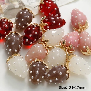 Handmade strawberry resin charms with pearl accents and gold metal leaves, 24x17mm size
