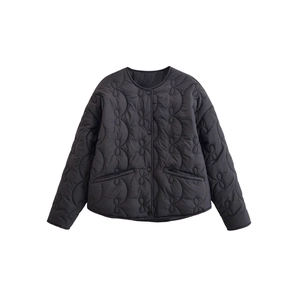 Women's black wave quilted jacket with round neck and button closure in a flat lay view
