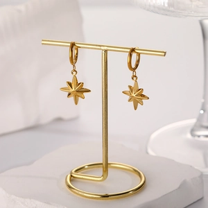 French vintage 18k gold plated titanium star pearl earrings on minimalist gold stand