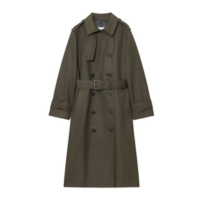 Classic olive green double-breasted long trench coat with waist belt and lapel collar