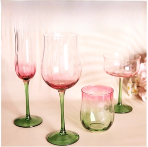 Detail of lead-free glass showing the elegant pink and green gradient texture and ribbed pattern