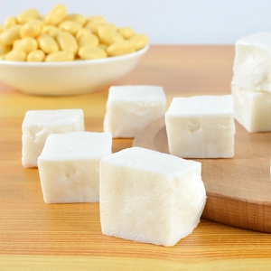 Realistic tofu model blocks and soybeans on wooden background for dollhouse decor