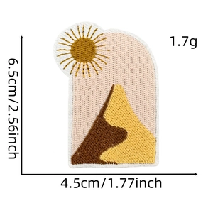 Detailed size chart for desert sun mountain embroidery patch with iron-on backing