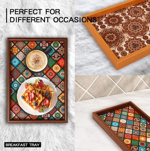 Detailansicht böhmischer Holztabletts mit bunten Mandala-Mustern für Wohndeko