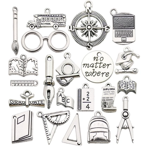 Antique Silver Alloy Charms Pendants School Graduation Theme For DIY Jewelry Making Mortarboard Diploma School Bus Books