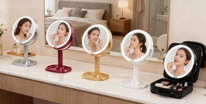 Showcase of colorful LED makeup mirrors with storage base and portable travel case