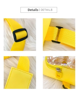 Detail of yellow PVC chest bag featuring quick-release buckle and glittery transparent pocket