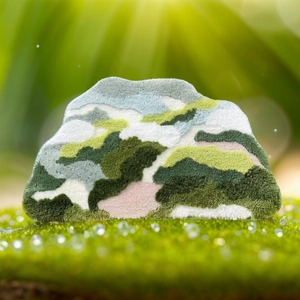 Detail of 3D forest style bathroom mat with textured green hills and cloud tufting