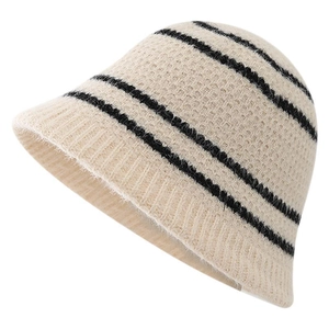 Vintage style striped crochet bucket hat in beige and black knit for women