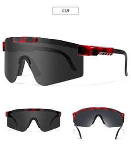 Three views of sports sunglasses with red and black patterned frames and grey lenses