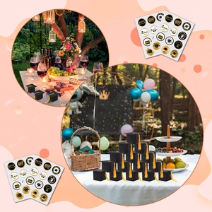 Macro view of graduation gift box set featuring black cap boxes with yellow tassels