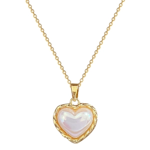 Titanium steel necklace with a pearlescent heart pendant and sparkling crystals