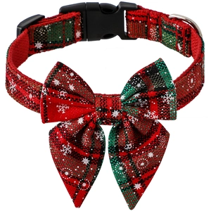 Christmas dog collar with red green plaid snowflake pattern and festive bow tie