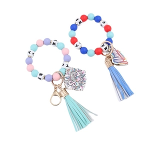 Handmade silicone bead wristlet keychain with MAMA charm and matching color tassel