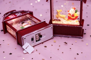 Detail of Christmas lantern base showing the button cell battery compartment and decorations