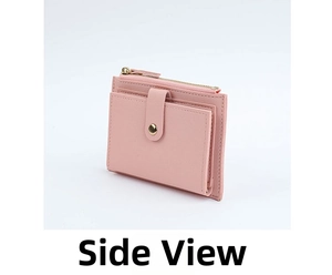 Side view of pink short wallet showing card slots and smooth gold zipper detail
