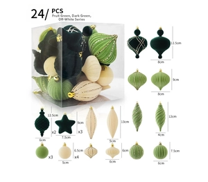 Set of 24 velvet Christmas ornaments in green and cream with diverse shapes and sizes