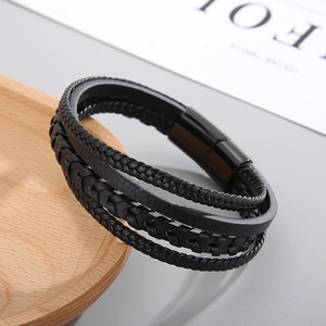 Men's multilayer black braided leather bracelet with high-quality titanium steel magnetic clasp