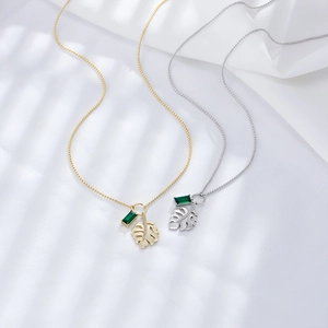 925 silver leaf necklace with emerald green zircon in gold and silver finishes