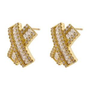 Elegant gold-plated X-shaped stud earrings with baguette and round-cut diamonds