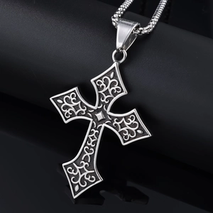 Retro hollowed viking cross pendant with silver snake chain for men in hip hop style