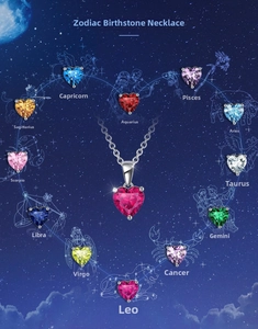 Detailed view of heart-shaped S925 sterling silver zodiac necklaces in 12 vibrant colors