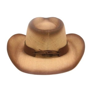 Detail of western straw cowboy hat featuring gradient weave and leather decorative band