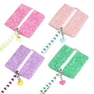 Set of colorful fuzzy heart-themed coin purses with zipper and cute heart charms