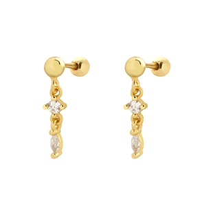 Elegant gold S925 silver drop earrings with leaf-shaped zirconia and screw back closure