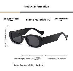 Detailed size specifications for black oval sunglasses with frame and lens dimensions