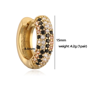 Detail of gold leopard print hoop earrings with multi-color stones, 15mm height and 4.2g