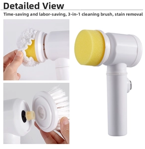 Detailed view of 3-in-1 electric cleaning brush with interchangeable scrubber heads