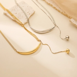 Stainless Steel Curved Bar Necklace With Ball Drop Asymmetric Chain Minimalist Chic Niche Fashion Jewelry For Women