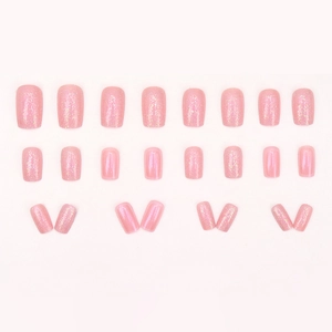 Pink glitter press-on nails set with 24 square oval fake nails for women