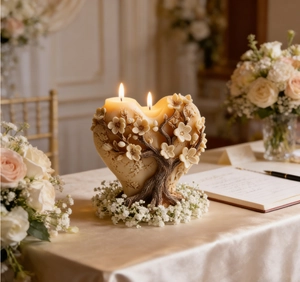 Nahaufnahme einer brennenden Herz-Baum-Kerze mit floraler Textur auf dem Tisch