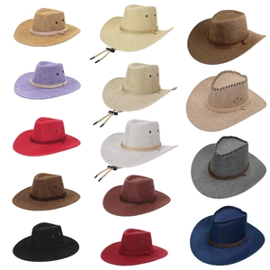 Western Cowboy Hat Linen Fabric Wide Brim Sun Protection Summer Outdoor Beach Breathable Metal Eyelets Three Rope Trim