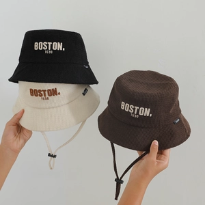 Kids Corduroy Bucket Hat Retro Letter Embroidery Windproof Adjustable Strap Sun Protection Autumn Winter Toddler Hat