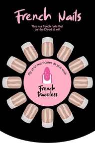 Detail view of 120-piece short square French press-on nails with natural pink base and white tips