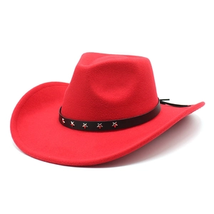 Detailed view of red wool felt jazz hat with black leather star studded band