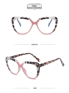 Cat-eye TR90 blue light blocking glasses shown in front and side views with tortoiseshell finish