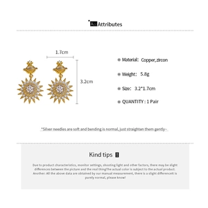 Detail view of gold-plated starburst earrings showing dimensions and zircon materials