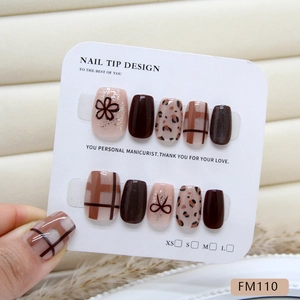 Handmade leopard print and vintage plaid press-on nails set with 10 glittery flower tips