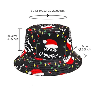 Black Christmas bucket hat with Santa print and festival lights sizing guide